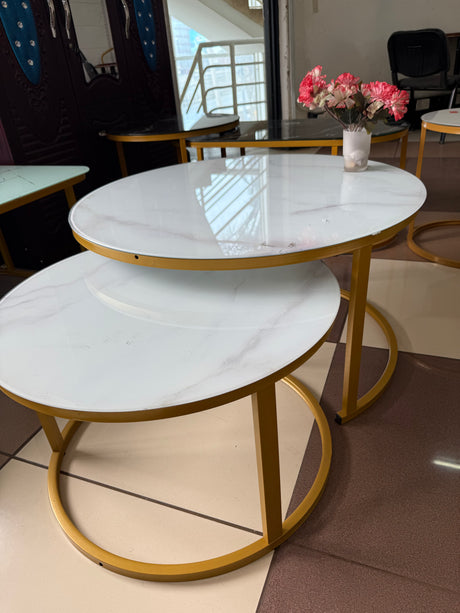 2-in-1 Round Nesting Coffee Table – White Marble Effect Tempered Glass & Gold Metal Frame (D80 & D60cm)