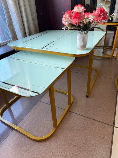 2-in-1 Square Nesting Coffee Table – Marble Effect Tempered Glass Top & Gold Frame (White/Black, 70cm & 50cm)