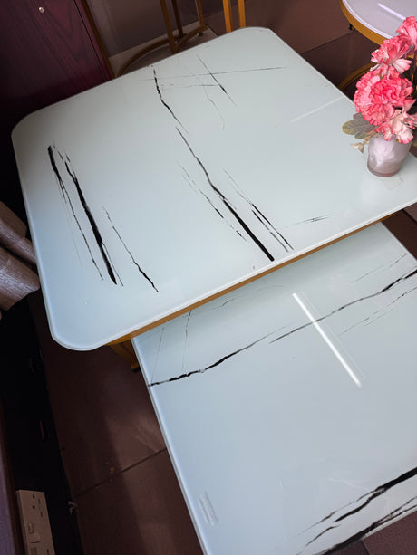 2-in-1 Square Nesting Coffee Table – Marble Effect Tempered Glass Top & Gold Frame (White/Black, 70cm & 50cm)