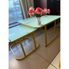 2-in-1 Square Nesting Coffee Table – Marble Effect Tempered Glass Top & Gold Frame (White/Black, 70cm & 50cm) Accent table Coffee Tables