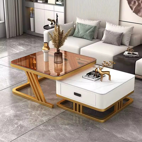 2-in-1 Square Nesting Coffee Table Set – Rounded Edges, Tempered Glass Top, Gold Frame