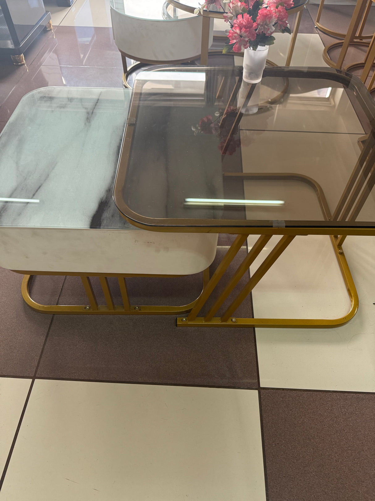 2-in-1 Square Nesting Coffee Table Set – Rounded Edges, Tempered Glass Top, Gold Frame