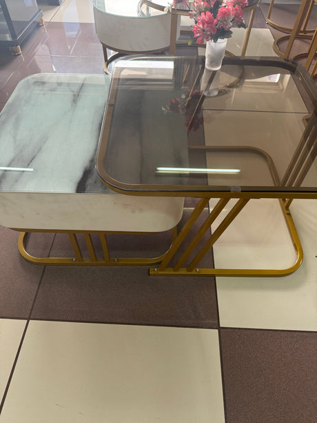 2-in-1 Square Nesting Coffee Table Set – Rounded Edges, Tempered Glass Top, Gold Frame