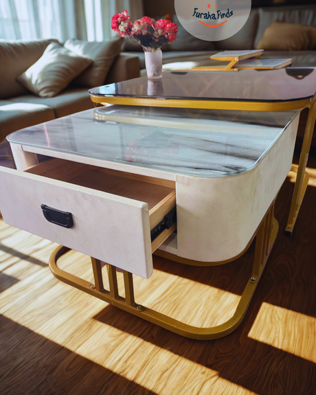 2-in-1 Square Nesting Coffee Table Set – Rounded Edges, Tempered Glass Top, Gold Frame