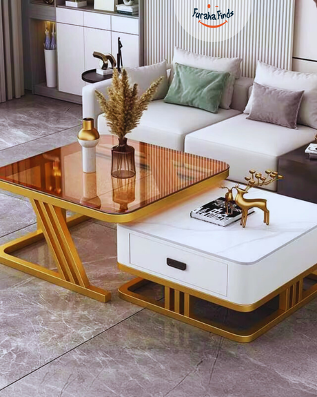 2-in-1 Square Nesting Coffee Table Set – Rounded Edges, Tempered Glass Top, Gold Frame