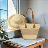 2 in 1 Summer Bag Hat Combo for Women Woven Beach Tote & Wide Brim Hat