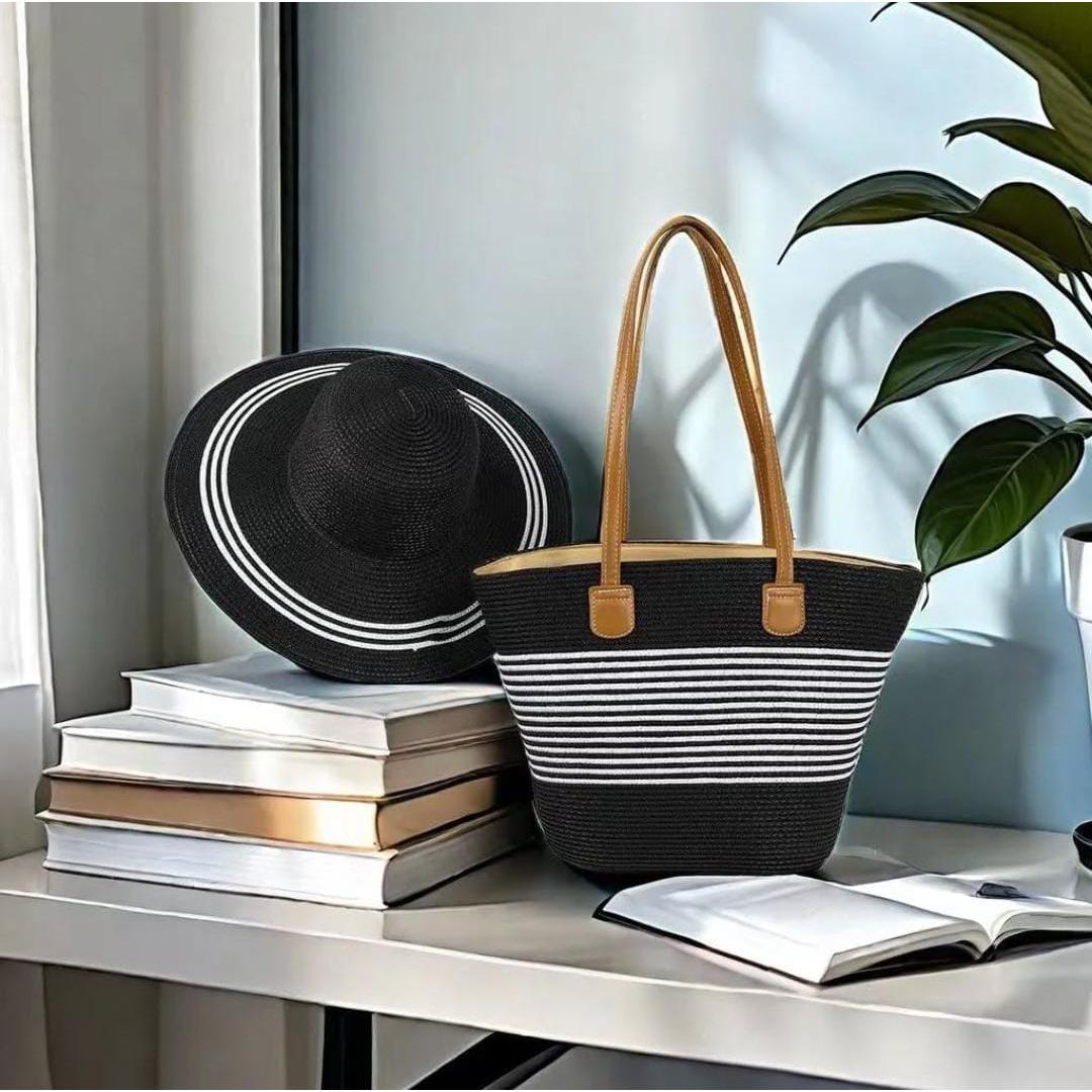 2 in 1 Summer Bag Hat Combo for Women Woven Beach Tote & Wide Brim Hat