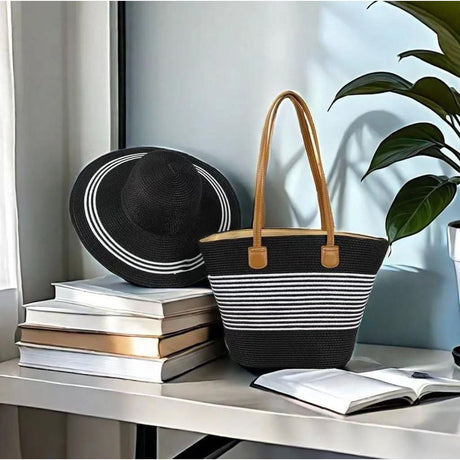 2 in 1 Summer Bag Hat Combo for Women Woven Beach Tote & Wide Brim Hat