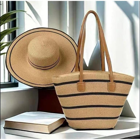 2 in 1 Summer Bag Hat Combo for Women Woven Beach Tote & Wide Brim Hat