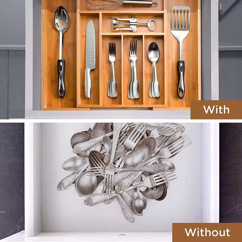 Expandable Bamboo Cutlery Drawer Organizer – 8 Grids, Adjustable 32.5cm–50cm- Furaha Finds Kenya