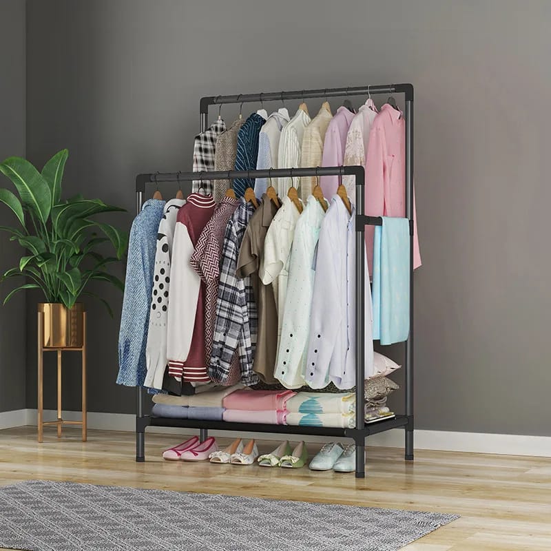 Double Pole Floor Clothes Rack – Multifunctional Sanding Coat and Drying Hanger Stand for Bedroom Storage