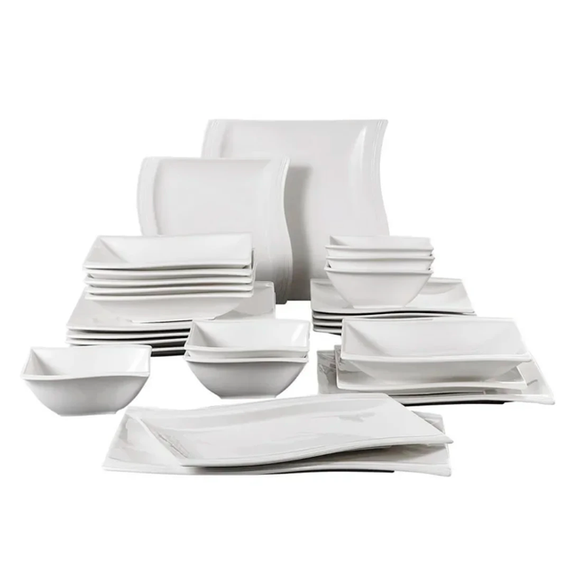 24pcs Ceramic Fancy Shapely White Dinner Set with Lines kitchen and dinning Dinnerware Sets