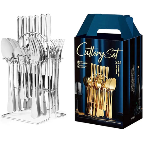 24pcs Stainless Steel Silver Cutlery Set – Elegant and Durable Flatware for Home and Dining