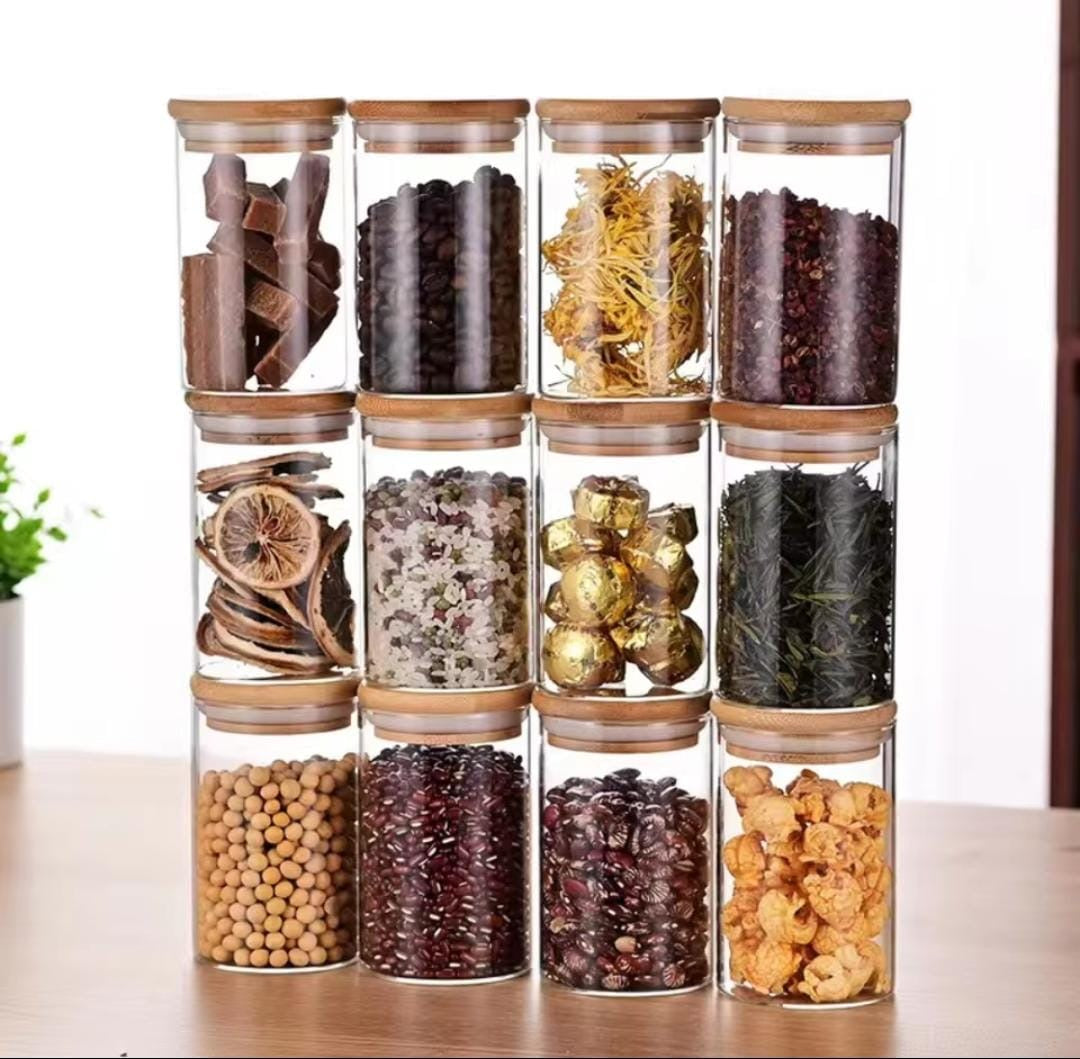 5pc Glass Spice Jar Set – 460ml with Airtight Bamboo Lids- Furaha Finds Kenya