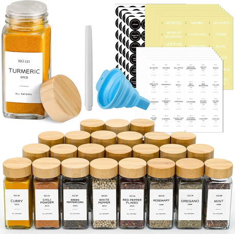 29pcs Glass Spice Jar Set 120ml Jars with Bamboo Lids, Adjustable Shaker Tops & Tools