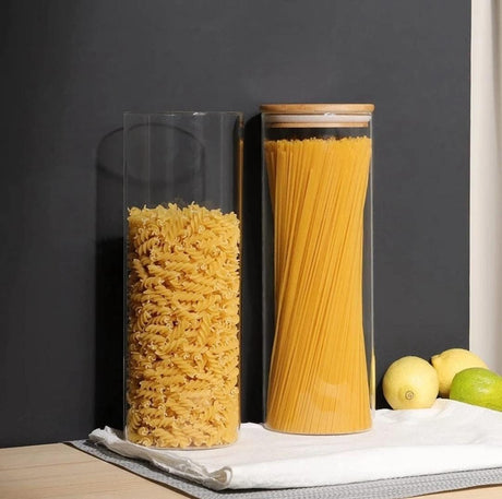 2000ml Glass Spaghetti & Cereal Jar with Airtight Bamboo Lid – Round- Furaha Finds Kenya