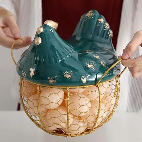 Egg Basket with Chicken Ceramic Cover 20cm Steel Basket Gold & Green- Furaha Finds Kenya