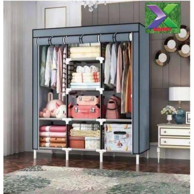 3 Column Wooden Wardrobes | Portable Non Woven Fabric Assemble Wardrobe with Steel Frame | 3 Door Moisture Proof Thickened Bedroom Wardrobe