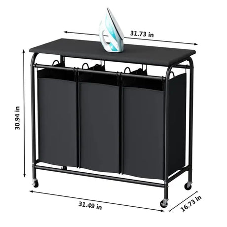 3 Compartment Laundry Basket with Lockable Wheels & Ironing Board