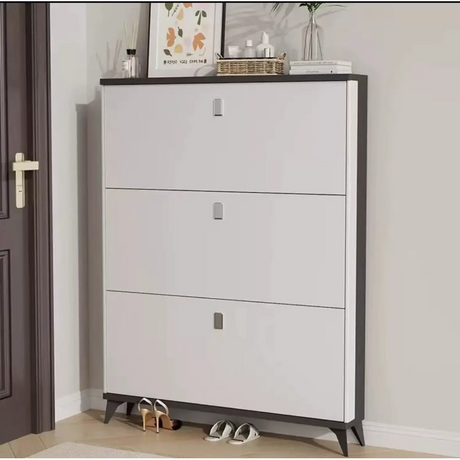 3-Door Modern Shoe Cabinet–Cream Finish with Gold Handles and Fold-Out Storage Design