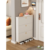 3-Door Modern Shoe Cabinet–Cream Finish with Gold Handles and Fold-Out Storage Design