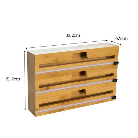3-Layer Bamboo Wrap Dispenser with Slide Cutter – 33.2cm Organizer for Foil, Plastic, and Parchment Rolls