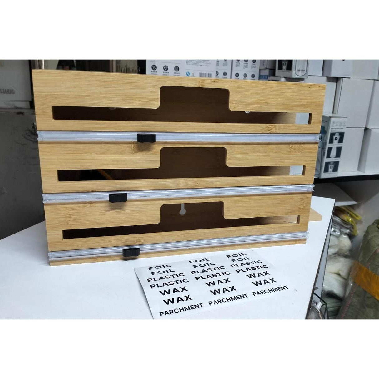 3-Layer Bamboo Wrap Dispenser with Slide Cutter – 33.2cm Organizer for Foil, Plastic, and Parchment Rolls