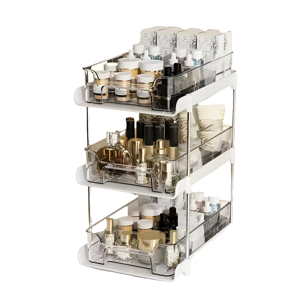 3 Layer Multifunctional Storage Rack with Clear Acrylic Trays and Metal Stand