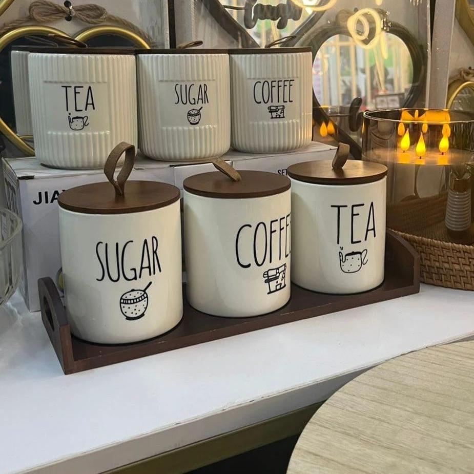 3 Piece Ceramic Canister Set with Airtight Lids and Bamboo Tray Storage canisters Food Storage Containers