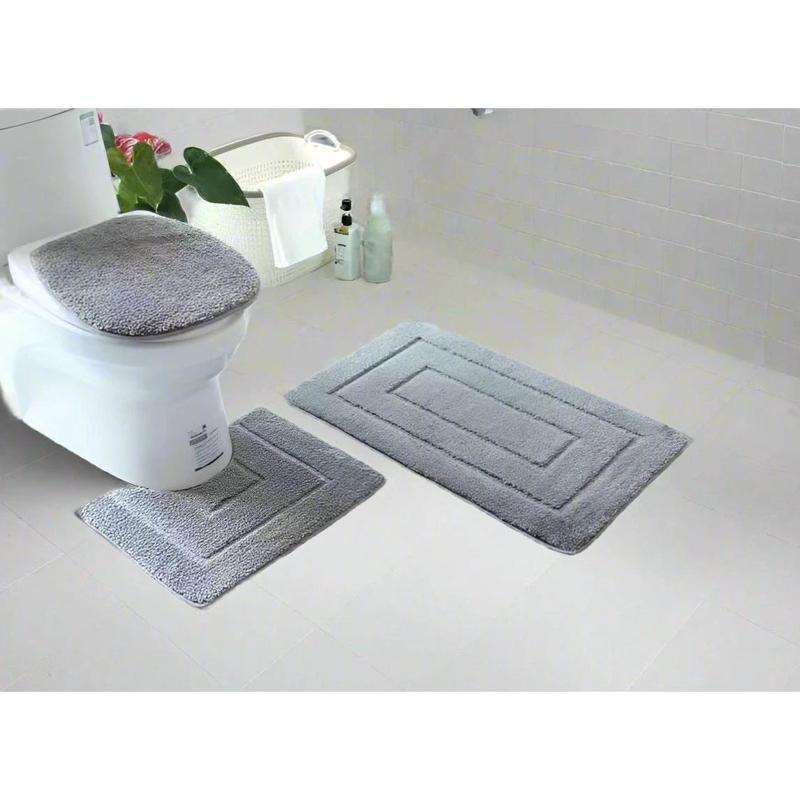3 Piece Flocking Toilet Set | Includes Big Mat, Toilet Lid Cover, and Contoured Floor Mat | Decorative and Functional Bathroom Accessories Rugs And Carpets Toilets