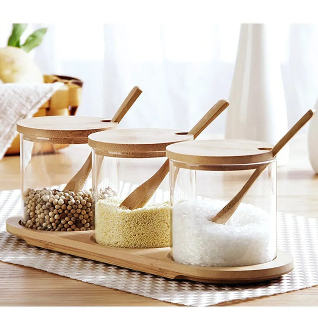 3 Piece Glass Spice Organizer Set with Bamboo Lids