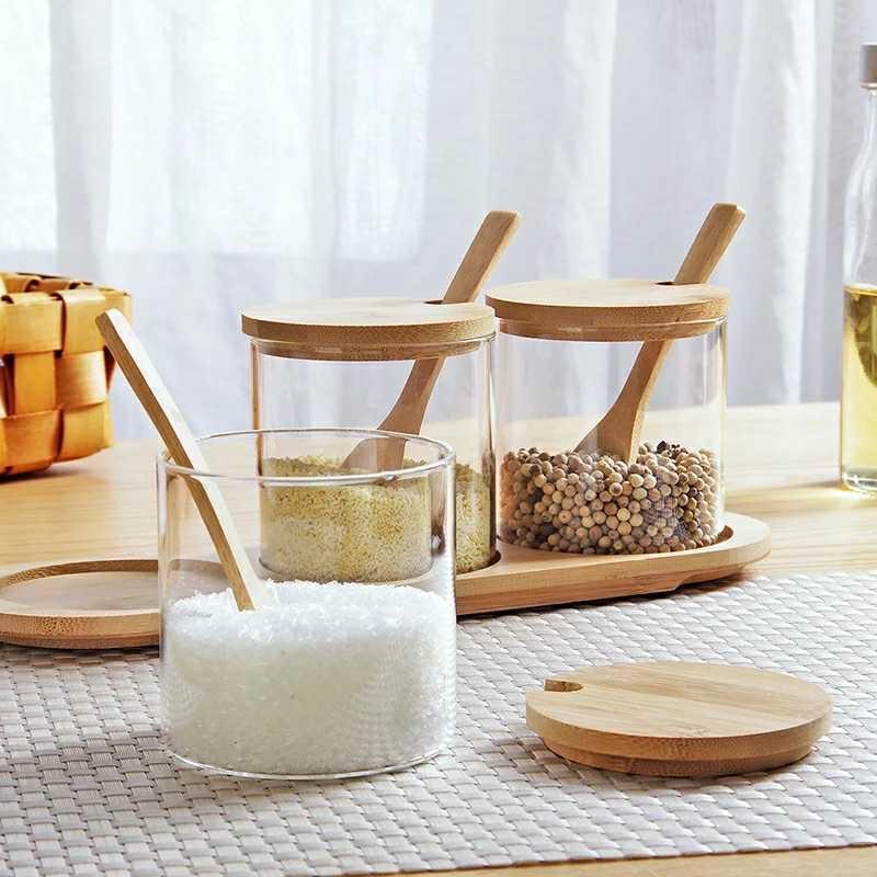 3 Piece Glass Spice Organizer Set with Bamboo Lids