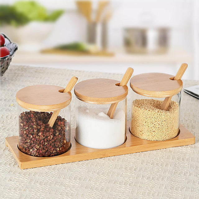 3 Piece Glass Spice Organizer Set with Bamboo Lids