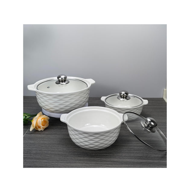 3 Piece White Ceramic Casserole Serving Dishes Set with Tempered Glass Lid Covers | Versatile Cookware Soup Pot and Bowl Set
