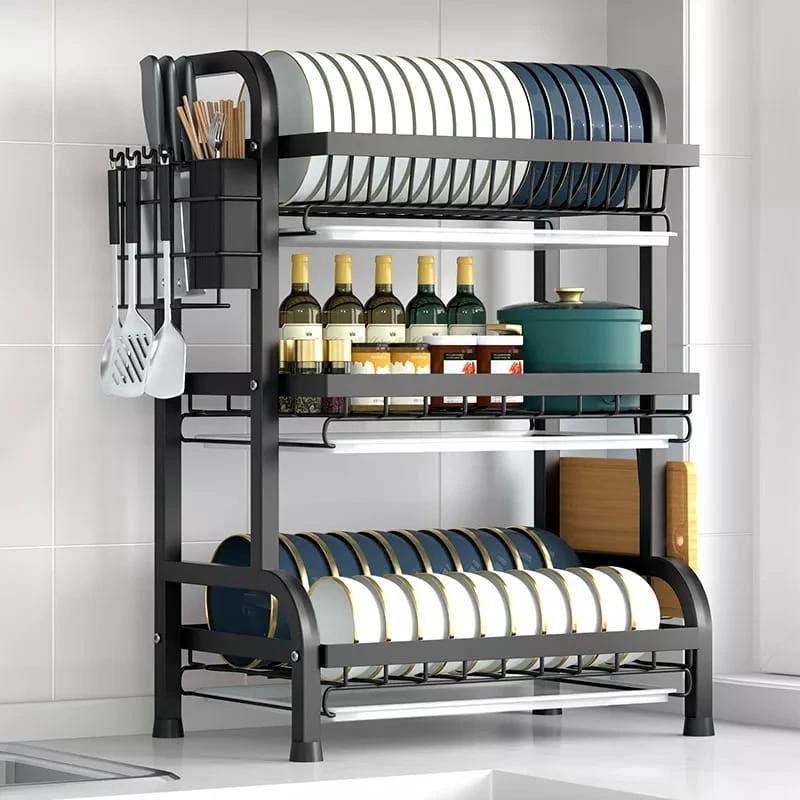 3 Tier Carbon Steel Dish Rack with Cutlery & Chopping Board Holder – Heavy Duty (All Black) kitchen racks Dish Racks