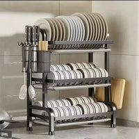 3 Tier Carbon Steel Dish Rack with Cutlery & Chopping Board Holder – Heavy Duty (All Black) kitchen racks Dish Racks