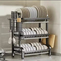 3 Tier Carbon Steel Dish Rack with Cutlery & Chopping Board Holder – Heavy Duty (All Black) kitchen racks Dish Racks
