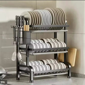 3 Tier Carbon Steel Dish Rack with Cutlery & Chopping Board Holder – Heavy Duty (All Black) kitchen racks Dish Racks
