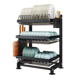 3 Tier Heavy Duty Adjustable Height Dish Drying Rack with Drainboard and Utensils Holder.