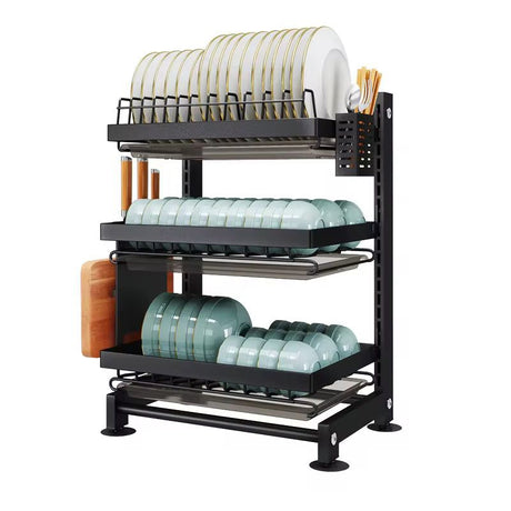 3 Tier Heavy Duty Adjustable Height Dish Drying Rack with Drainboard and Utensils Holder.