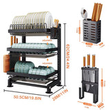 3 Tier Heavy Duty Adjustable Height Dish Drying Rack with Drainboard and Utensils Holder.
