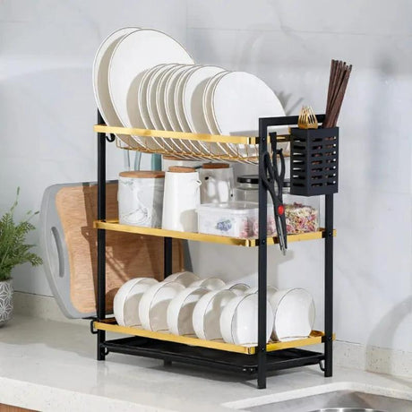 3 Tier Kitchen Dish Rack Elegant Gold Black Design with Utensil Holder Kitchen Storage Organizer Kitchen Racks Kitchen Organizers