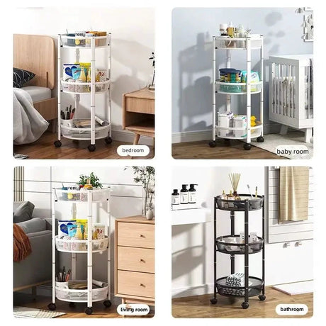 3 Tier Metallic Multipurpose Rotatable Vegetable & Fruit Rack Foldable & Movable with Wheels Black, White Finishes Storage and organization Kitchen Utensil Racks