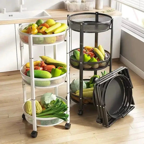 3 Tier Metallic Multipurpose Rotatable Vegetable & Fruit Rack Foldable & Movable with Wheels Black, White Finishes Storage and organization Kitchen Utensil Racks