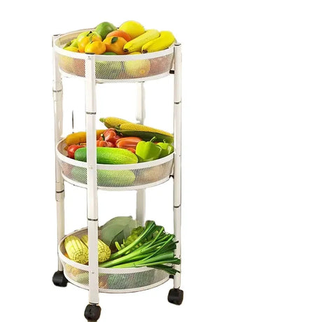 3 Tier Metallic Multipurpose Rotatable Vegetable & Fruit Rack Foldable & Movable with Wheels Black, White Finishes Storage and organization Kitchen Utensil Racks
