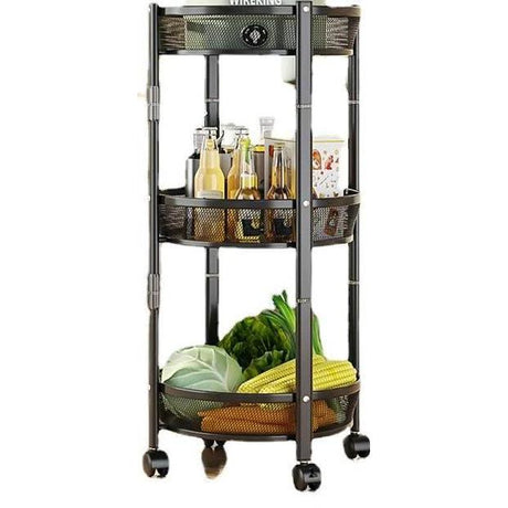 3 Tier Metallic Multipurpose Rotatable Vegetable & Fruit Rack Foldable & Movable with Wheels Black, White Finishes Storage and organization Kitchen Utensil Racks