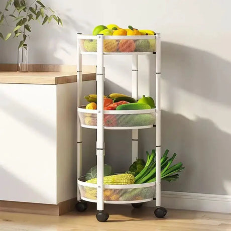 3 Tier Metallic Multipurpose Rotatable Vegetable & Fruit Rack Foldable & Movable with Wheels Black, White Finishes Storage and organization Kitchen Utensil Racks