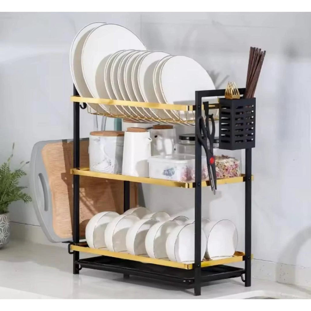 3 Tier Stainless Steel Dish Rack with Gold Tiers, Black Stands, Cutlery and Chopping Board Holder Dish Rack Dish Racks