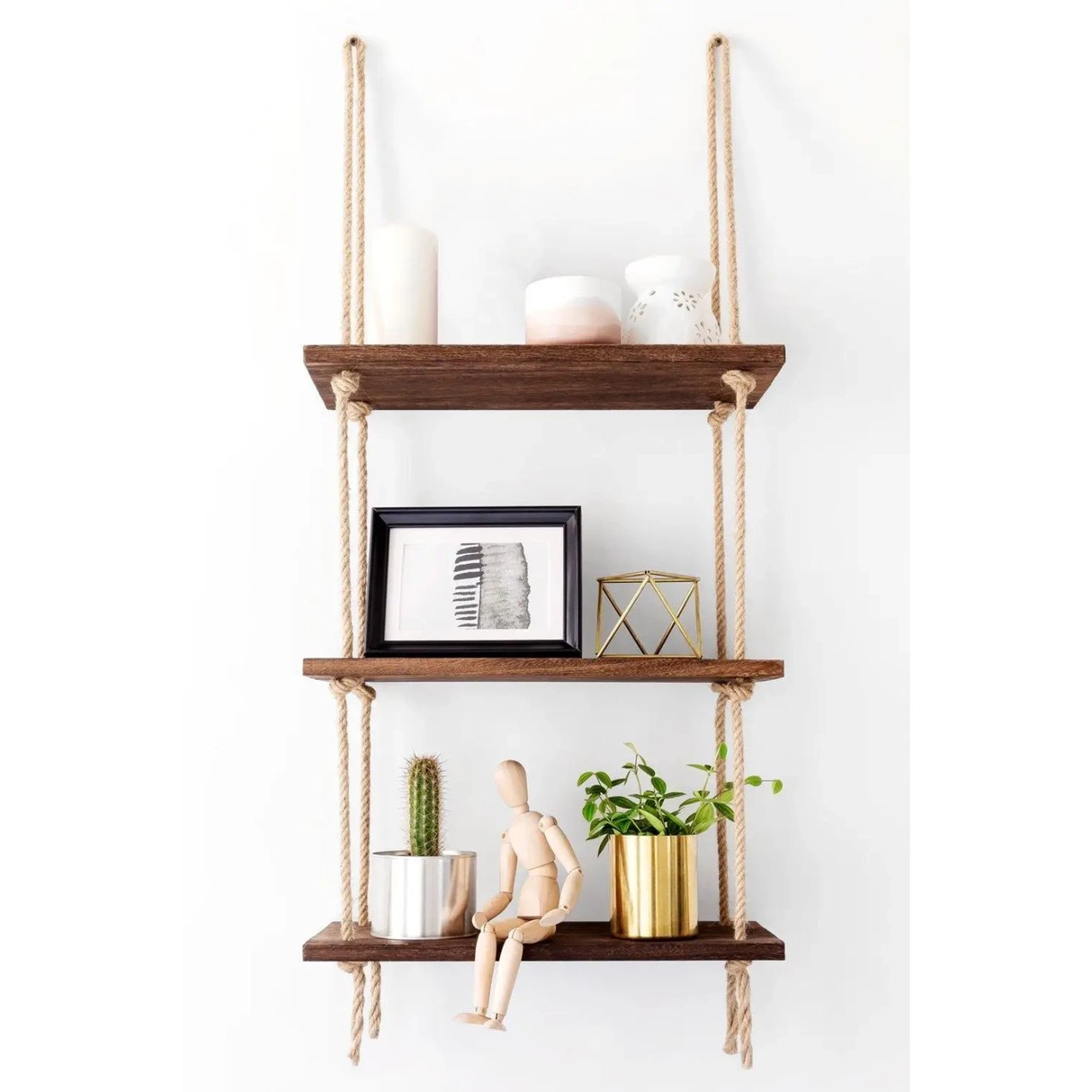 3 Tier Wooden Floating Shelf with Hanging Jute Rope Organizer Rack decor Floating Wall Shelves & Ledges