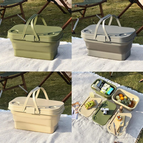3 in 1 Foldable Collapsible Camping Hand Basket Picnic Basket That Converts to Table, Storage Unit, and Cutting Board
